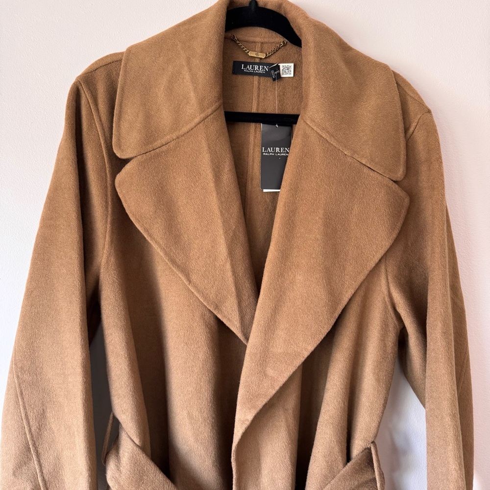 NWT Lauren Ralph Lauren Double-Faced Wool Wrap Coat Honey Tan Belted Size 16 - Picture 4 of 14